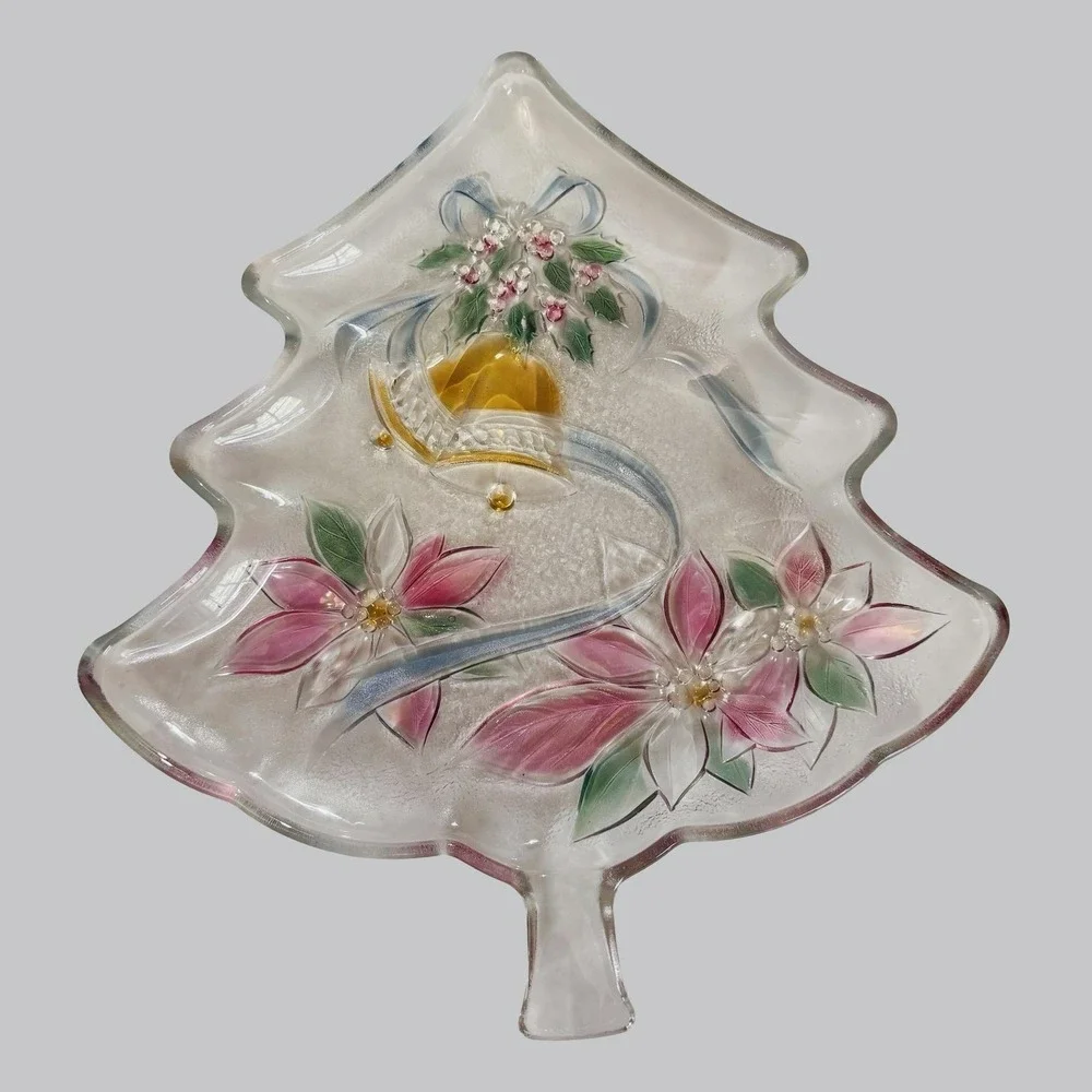 Home Beautiful Festive Holiday Christmas Tree Server Glass Tray 13.5